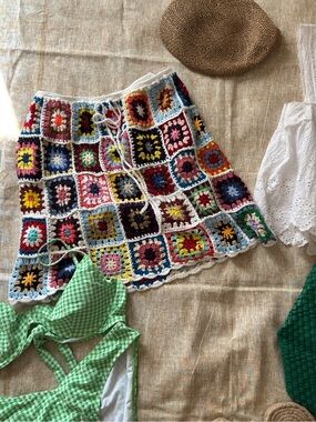 Crocheted Multi-Color Granny Square Mini Skirt